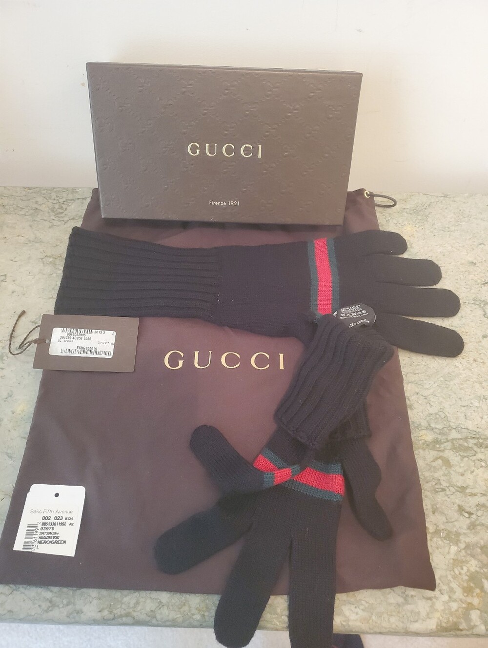 Gucci Black Knit Gloves with Red & Green Stripe
